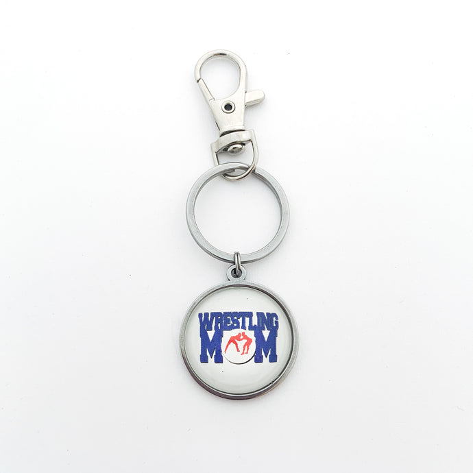 custom stainless steel keychain with blue and red wrestling mom image clip art