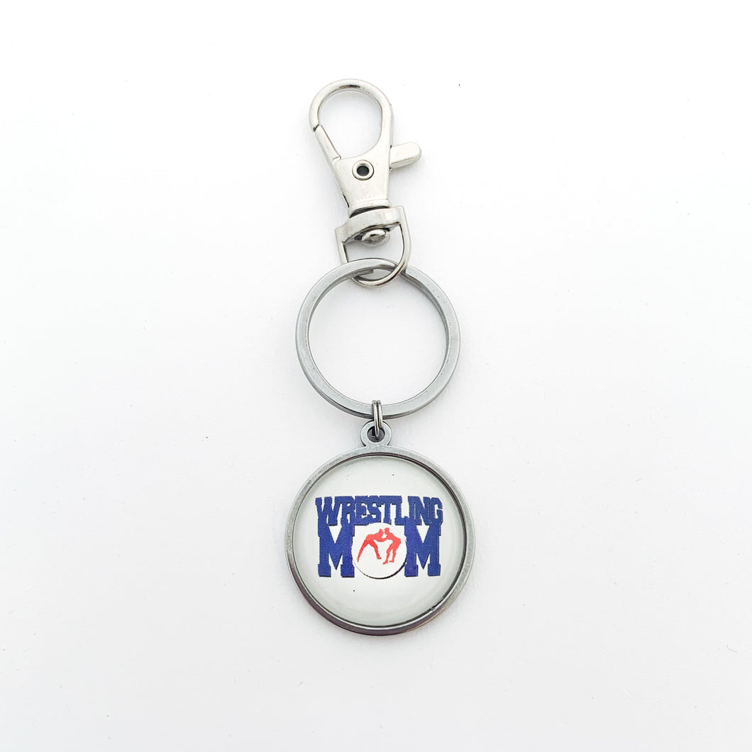 custom stainless steel keychain with blue and red wrestling mom image clip art